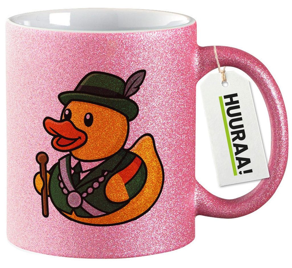 Huuraa Glitzertasse Quietscheente Schützenkönig Gummiente Schützenfest 330ml Pink Keramik Kaffeebecher Geschenkidee