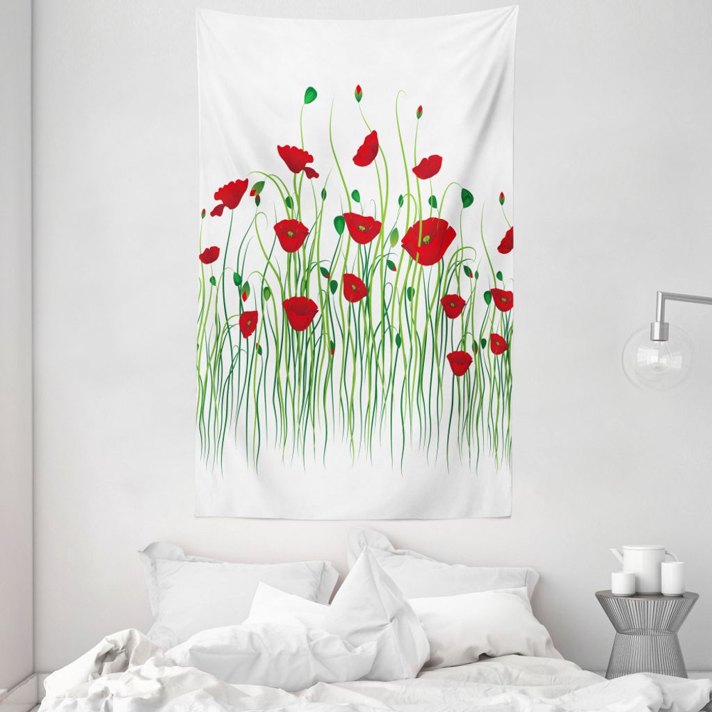 ABAKUHAUS Mohn Wandteppich und Tagesdecke, Blumen auf einem ländlichen Bereich aus Weiches Mikrofaser Stoff Waschbar ohne Verblassen Digitaldruck,...