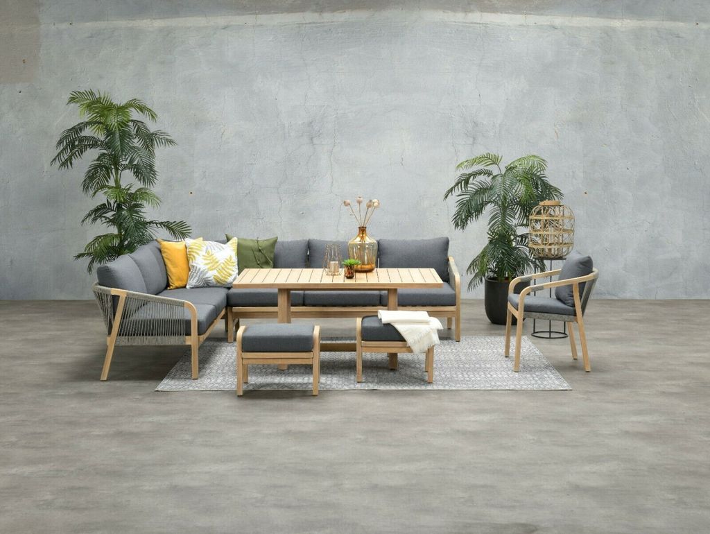 Garden Impressions Dining-Ecklounge "Cubatao" inkl. Sessel, Sitzbank, Tisch, Hockern und Kissen natur / grau links