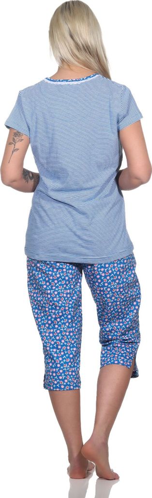 Normann Damen Kurzarm Schlafanzug mit Caprihose, Oberteil gestreift, Hose floral bedruckt ; marine , 48