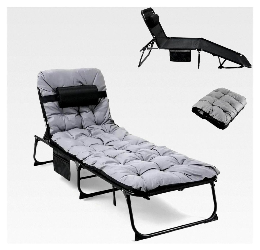 XL Liegestuhl mit wasserdichtem Kissen, klappbare Sonnenliege mit verstellbarer Rückenlehne, Seitenfach und Kopfkissen, 190x68x31 cm, maximale Bel...