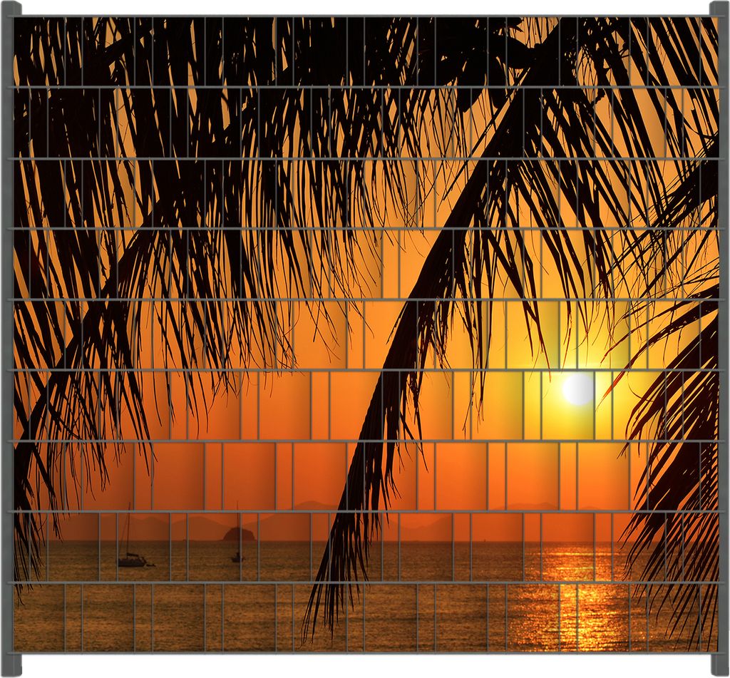 Wallario Zaunsichtschutz mit Motiv Sonnenuntergang unter Palmenblättern für Ein- und Doppelstabmatten Zäune in der Größe 200 x 180 cm
