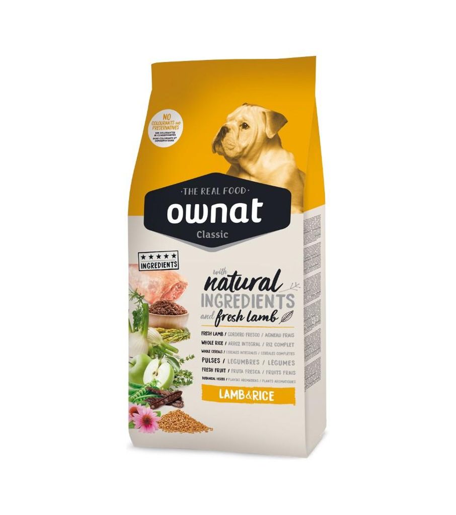 A bag of dog food with a picture of a dog and ingredients.