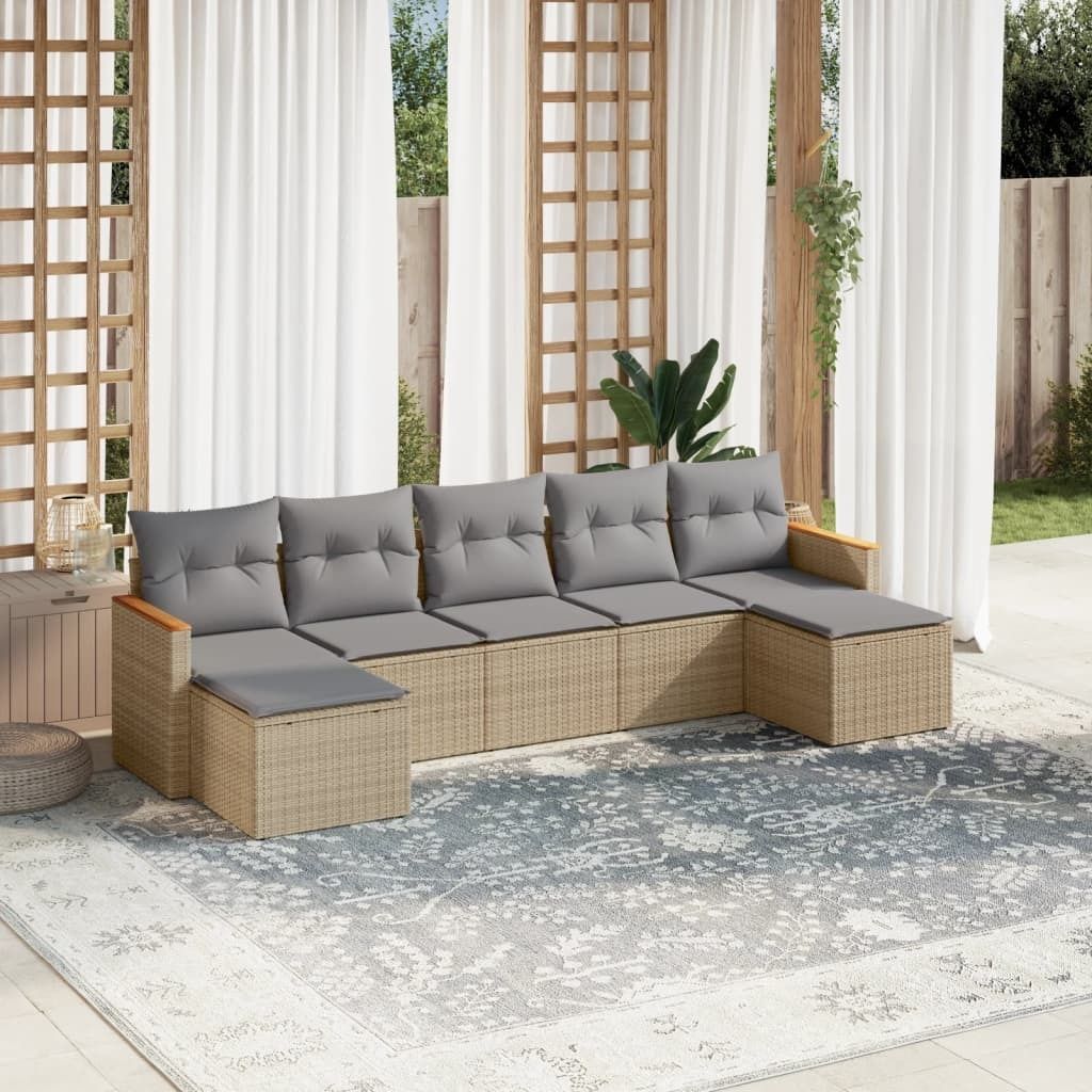 7-tlg. Garten-Sofagarnitur mit Kissen Beige Poly Rattan 3226234