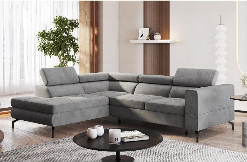 MODERNO Ecksofa mit Schlaffunktion BALSTA, Schlafsofa mit Bettkasten, Grau, Links