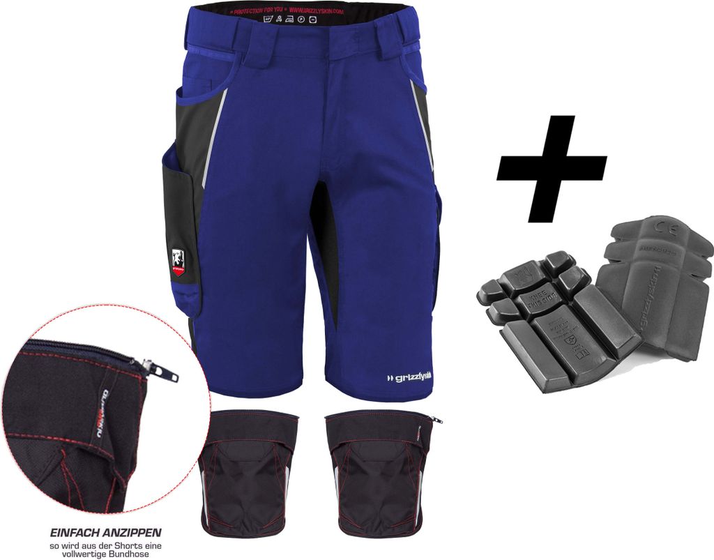 Qualitex kurze Arbeitshose - HANDWERKER-BUNDLE IRON Shorts + Kniepolstertasche inklusiv Kniepolster - in Farbe: kornblau/schwarz - Herren: 54 - Dam...