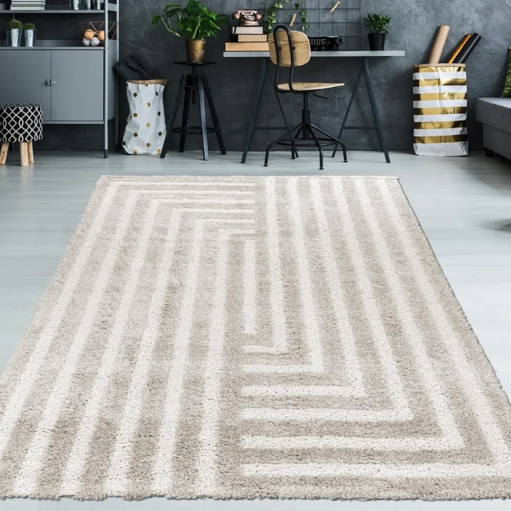 Tapis beige 120x170 cm moelleux effet 3D Modern Cosy avec franges chic