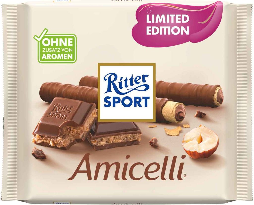 A package of Ritter Sport Amicelli chocolate bars with hazelnuts.
