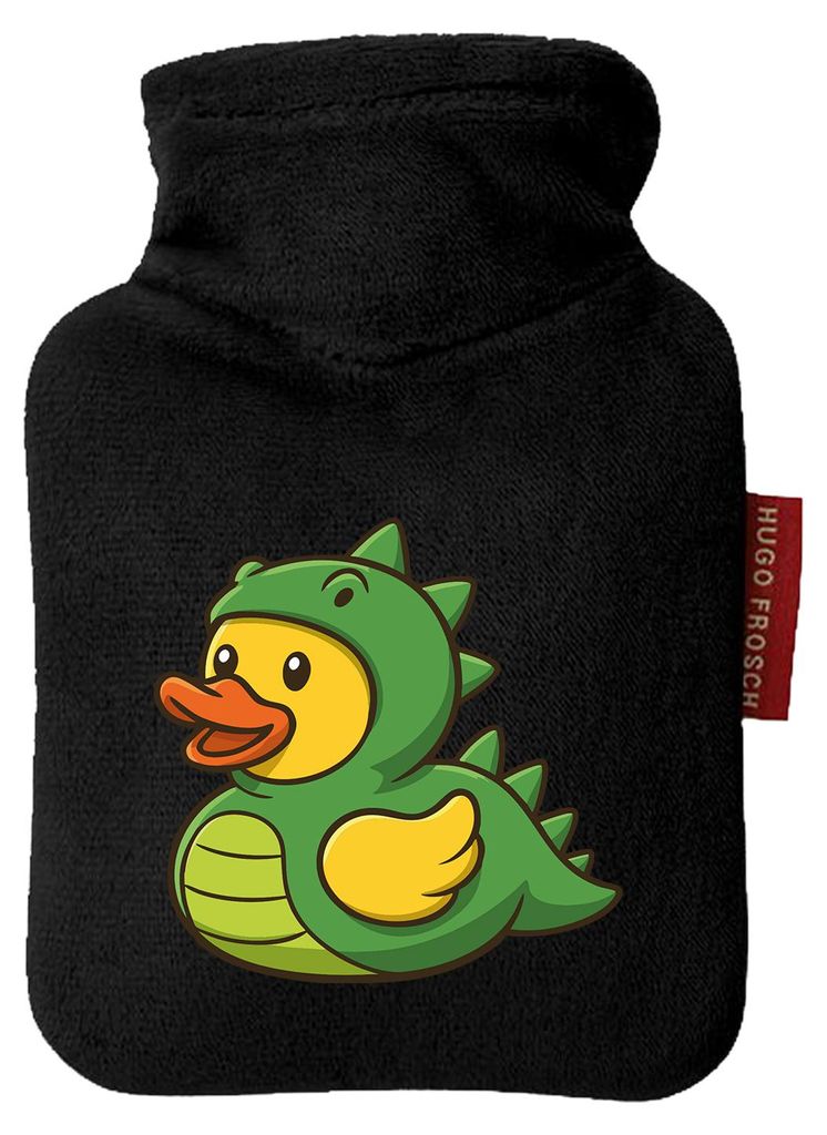 Huuraa Mini-Wärmflasche Quietscheente Dinosaurier Gummiente Gärtnerin 0,2 Liter Black Mini Veloursbezug Taschenwärmer Geschenkidee