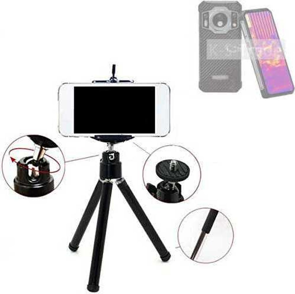 K-S-Trade Smartphone Stativ Dreibein kompatibel mit Oukitel WP21 Ultra Tripod aus Aluminium Klemmstativ Stativ Adapter für Mobiltelefone schwarz 1x