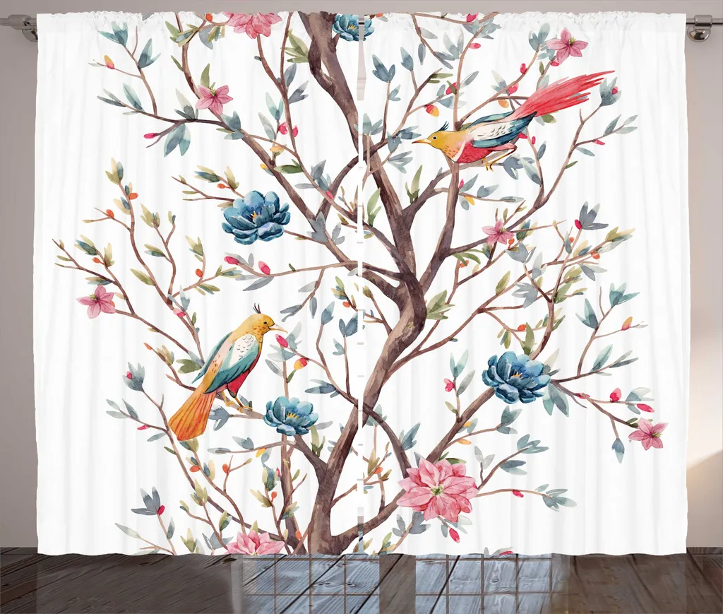 ABAKUHAUS Rideau Aquarelle Rustique avec Arbre et Oiseaux 280x225 cm
