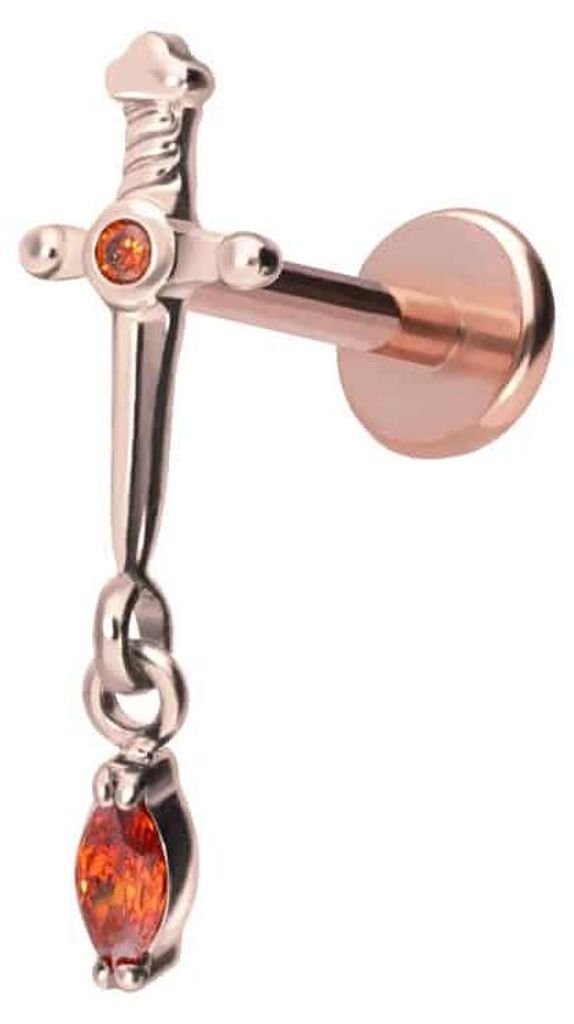 Ohrpiercing, Nasenpiercing Titan Labret mit Push Fit DOLCH + KRISTALLTROPFEN RoséGold Stablänge: 10mm | Stabstärke: 1mm
