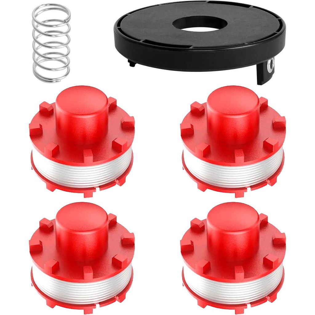 Rasentrimmer Fadenspulen Set, 4 Spulen + Deckel + Feder, 8m x 2mm Nylonfaden, passend für Modelle 3405096, TLE-01-1