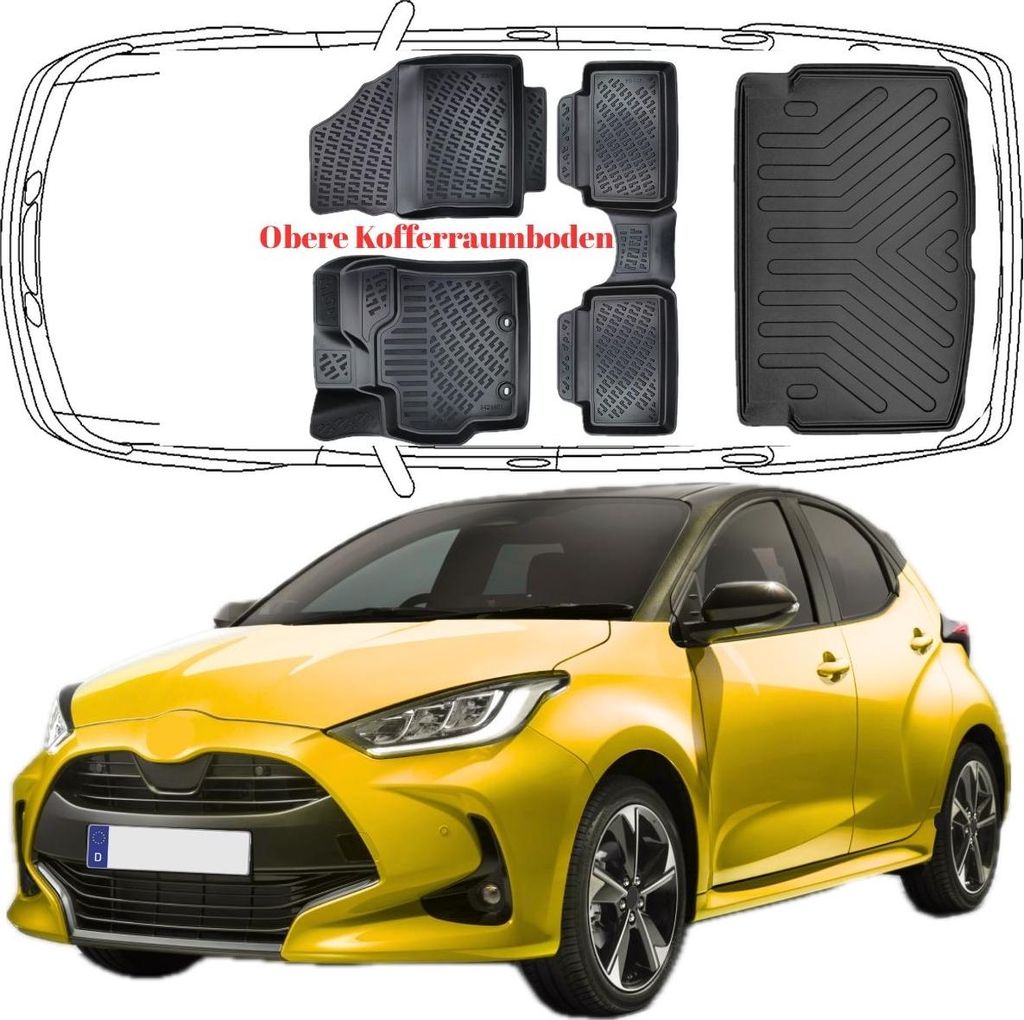 3D Auto Fußmatten & Obere Kofferraumwanne Set Kompatibel mit Toyota Yaris 4.Gen XP21 ab 2020