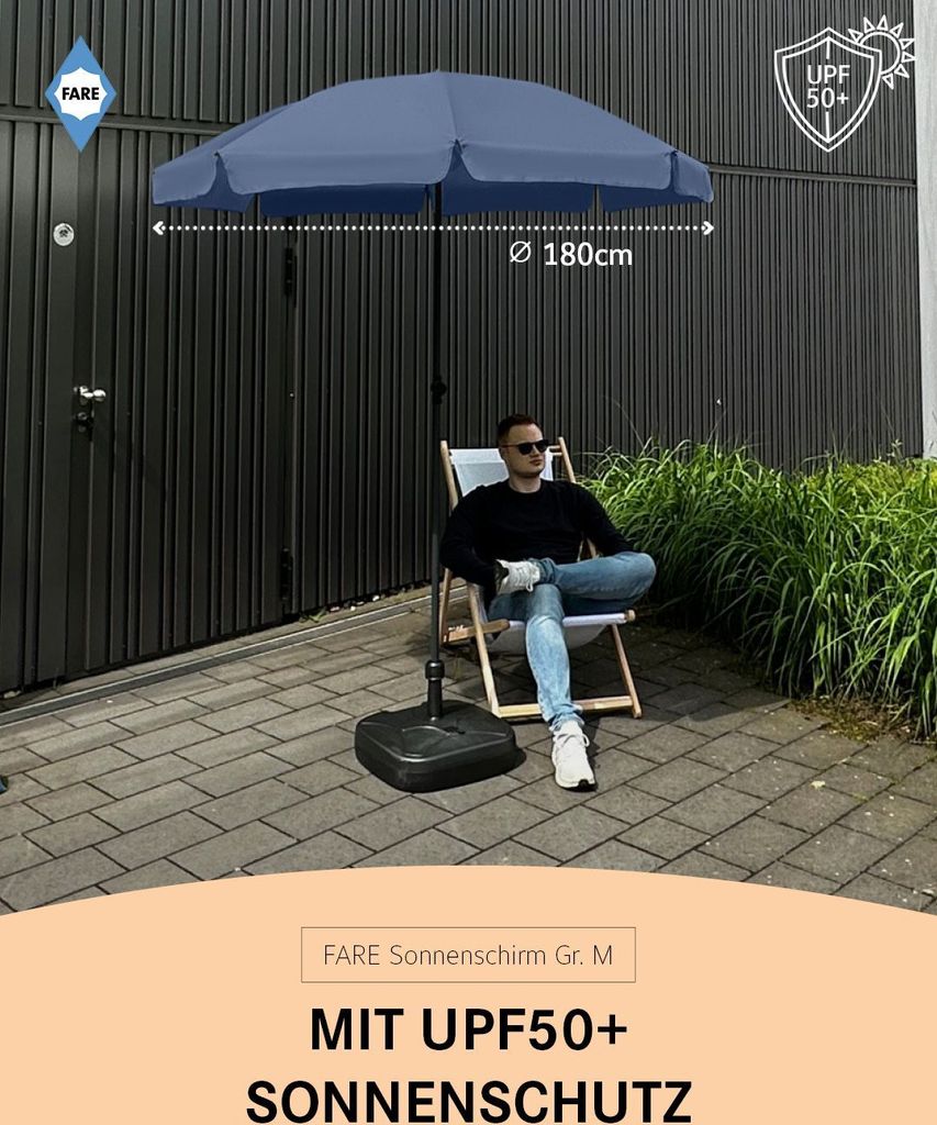 FARE Sonnenschirm M Höhenverstellbar Knickvorrichtung Lichtschutzfaktor UPF 50+ 180cm, Farbe:Nachtblau