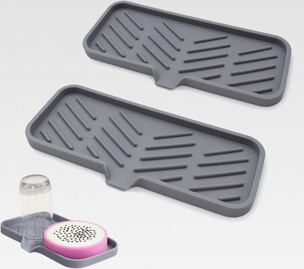 Abtropfmatte Silikon, 2 Stück Spülbecken Organizer Schwammhalter für Küche Bad Schwämme Bürsten Spülmaschinenfestes Grau
