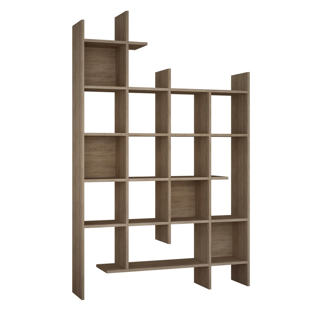 A tall, multi-shelf bookshelf with an asymmetrical design, presented against a white background.