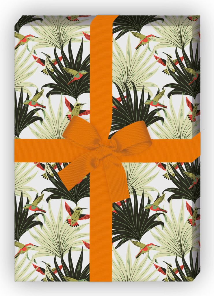Tropisches Retro Geschenkpapier mit Palmwedeln & Kolibris, Produktbild 