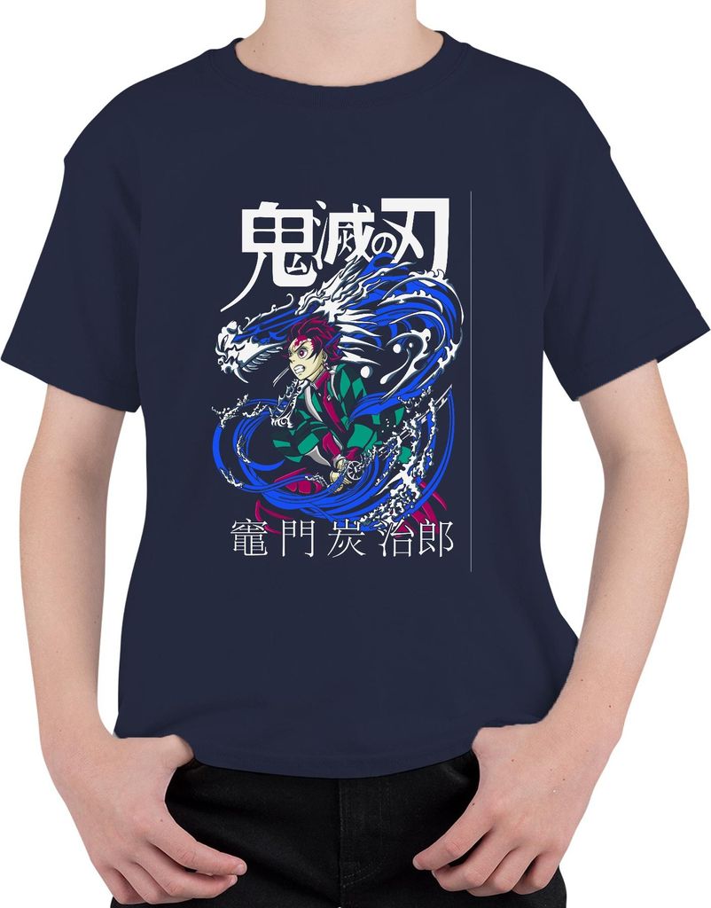 Demon Slayer Tanjiro Kamado Wasserdrache Anime Geschenk Japan Y2K Streetwear Uni Kinder T-Shirt, Navy, 140
