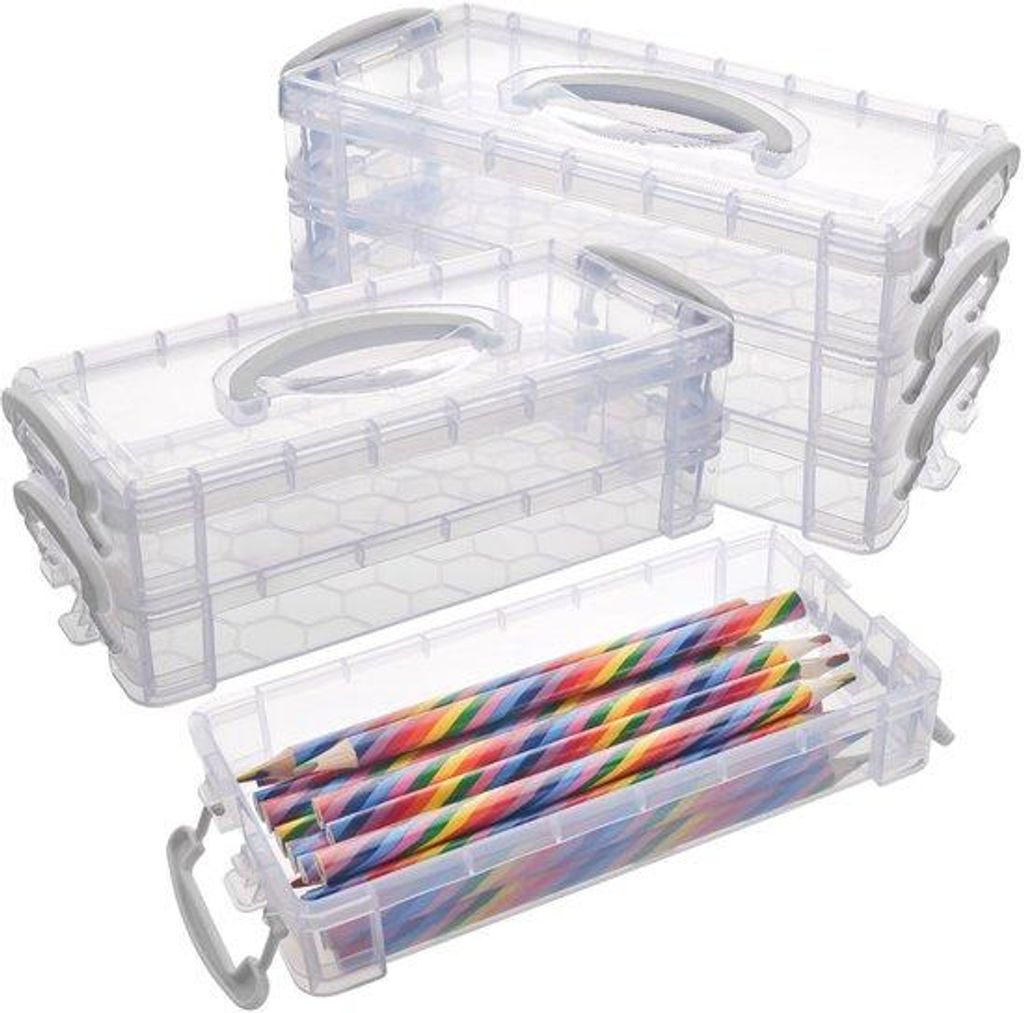 Tikplus Stapelbare Stiftebox, 2er-Set, 3-stöckige Kinder-Stiftebox mit Deckel, transparente Kunststoff-Stifteboxen, Aufbewahrung für Aquarellstif...