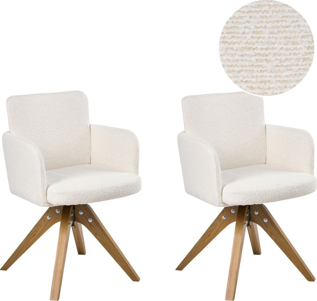 BELIANI Drehbarer Esszimmerstuhl 2er Set Cremeweiß Bouclé Stoff Braune Holzbeine Gepolstert Moderner Stil Drehstühle Polsterstühle Esszimmer