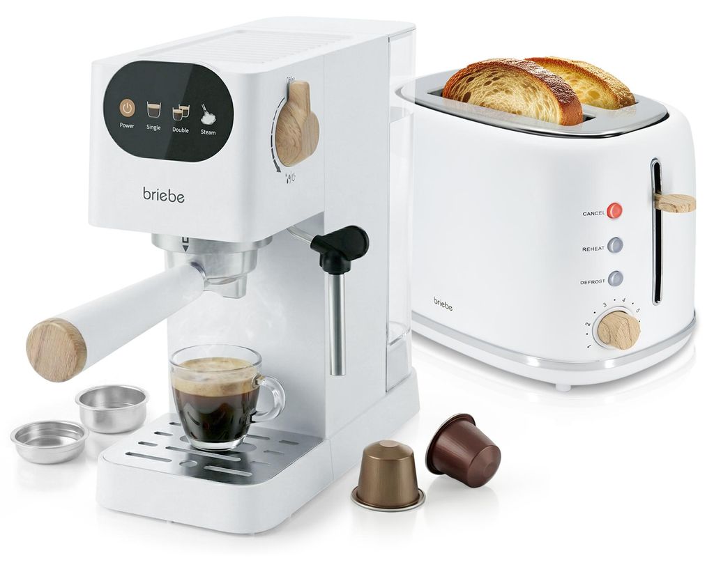 Briebe SKT1221WHT Nordic Set Kaffeemaschine 20 Bar Kapseln und Kaffee, Toaster 2 Breite Scheiben Weiß