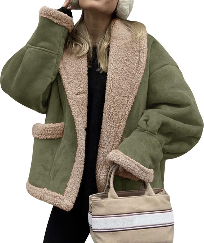 ASKSA Damen Oversized Fleecejacke Winterjacke Sherpa Futter Warm Knopfleiste Revers Kurz Jacke Vintage Faux Wildleder Mantel Plueschjacke (Gruen,M)
