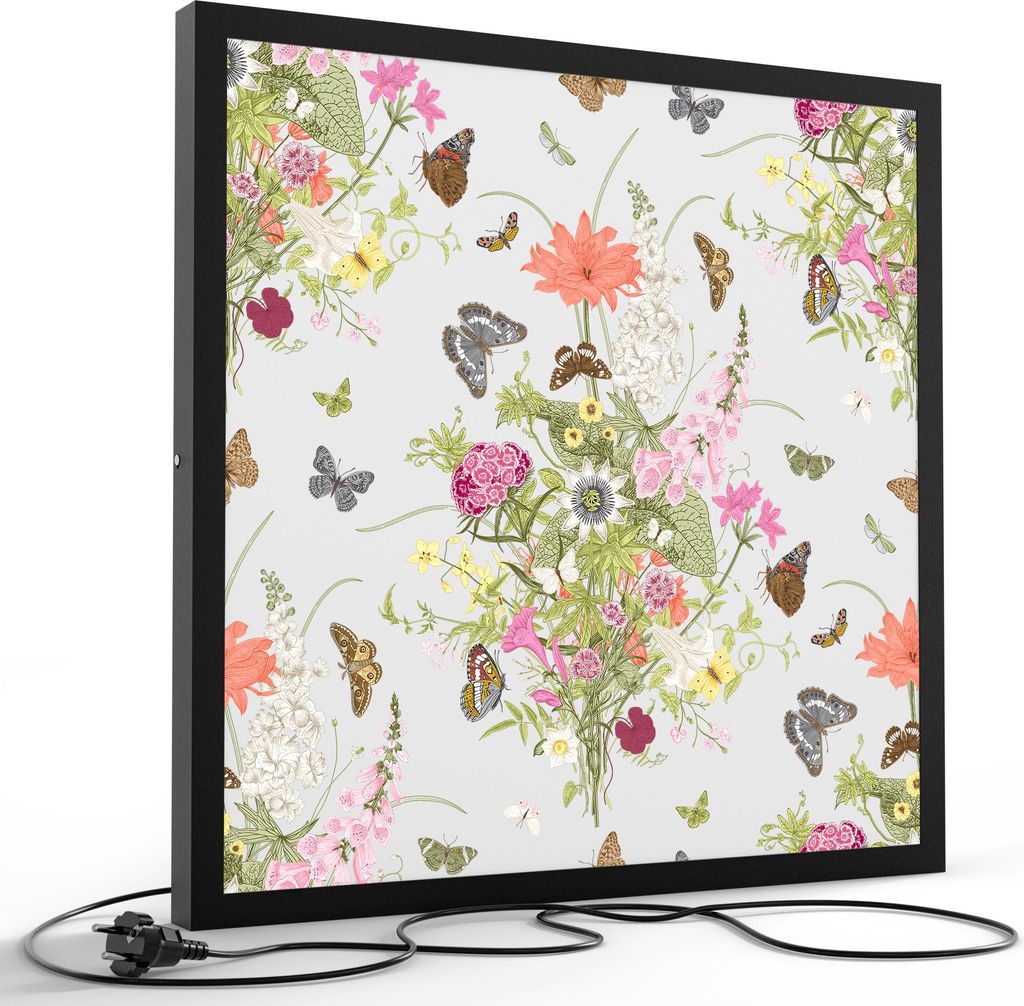 DEQORI LED-Bild & Lampe 60x60 cm Schwarz 'Blütentanz mit Faltern' Leuchtbild LED Leuchte