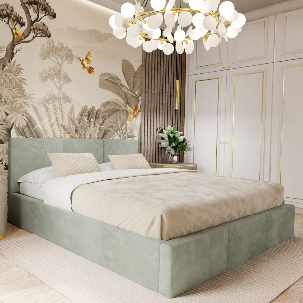 A bedroom scene featuring a bed, wardrobe, and decorative elements.