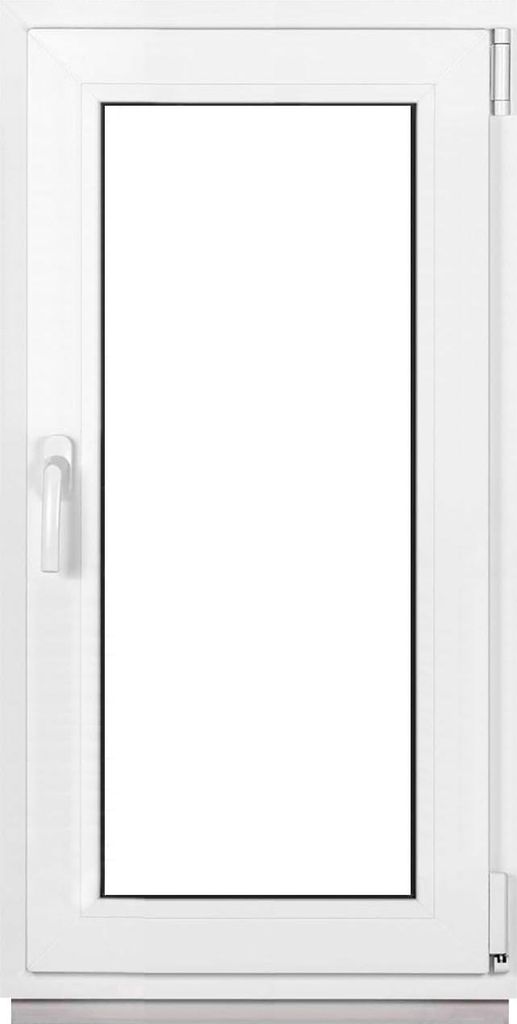 A white framed window with a clear glass pane, presented against a white background.