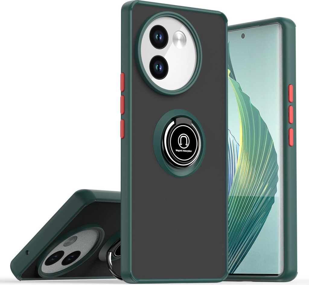 Hülle für Vivo V40 Lite 5G Matte Transluzent TPU Stoßfest Schutzhülle mit Ring Halter Ständer dunkelgrün