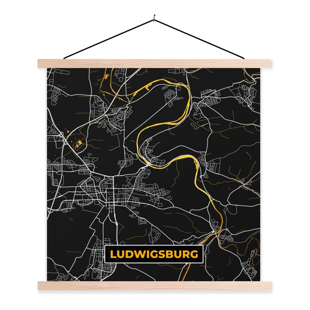 MuchoWow Textilposter Karte - Ludwigsburg - Gold - Stadtplan - Deutschland 60x60 cm mit holzfarbenen Rahmen - Wanddekoration