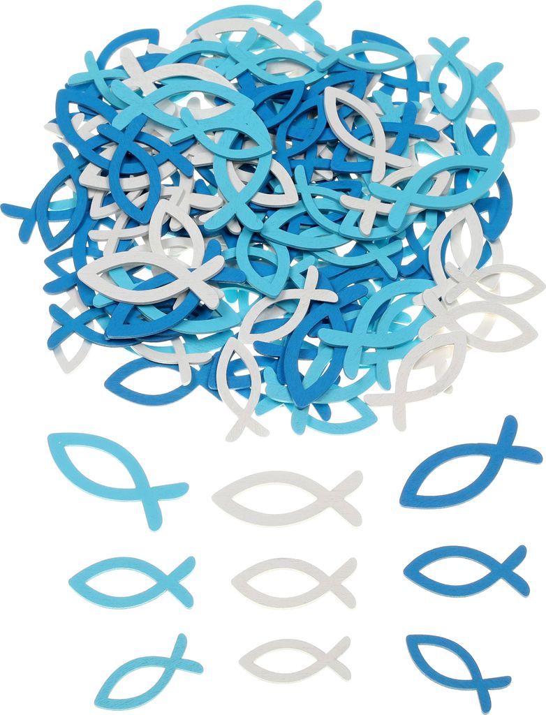 Nordstern Streudeko Tischdeko Fische - Holz Deko für Taufe, Kommunion und Konfirmation Junge - 144er Pack Dunkelblau Hellblau Weiß