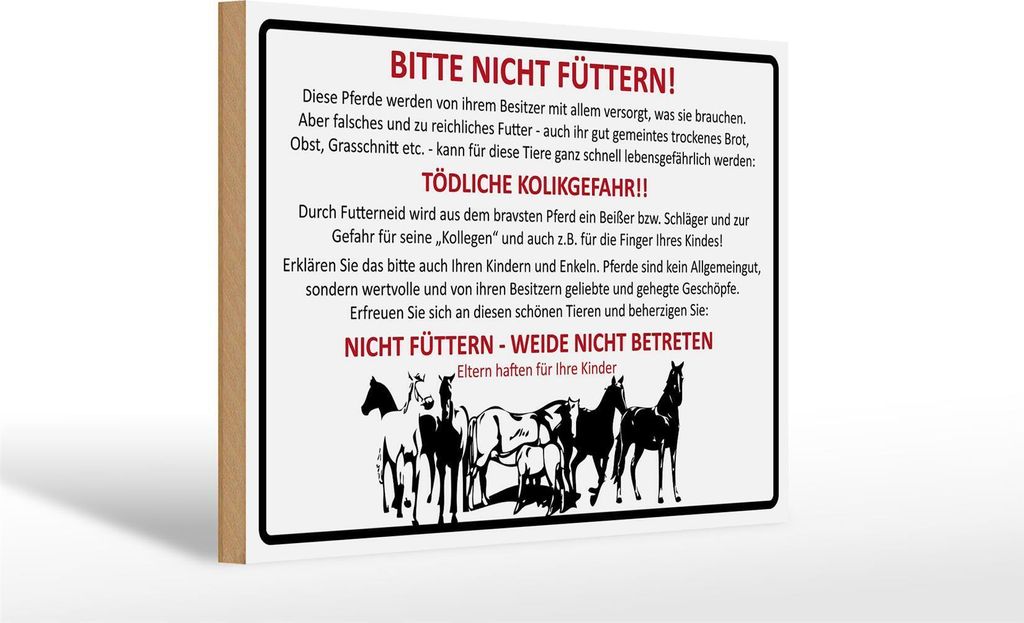 Holzschild Hinweis bitte nicht füttern Pferde Weide, 30 x 20 cm, Holzschilder Bauernhof Landwirt Tiere