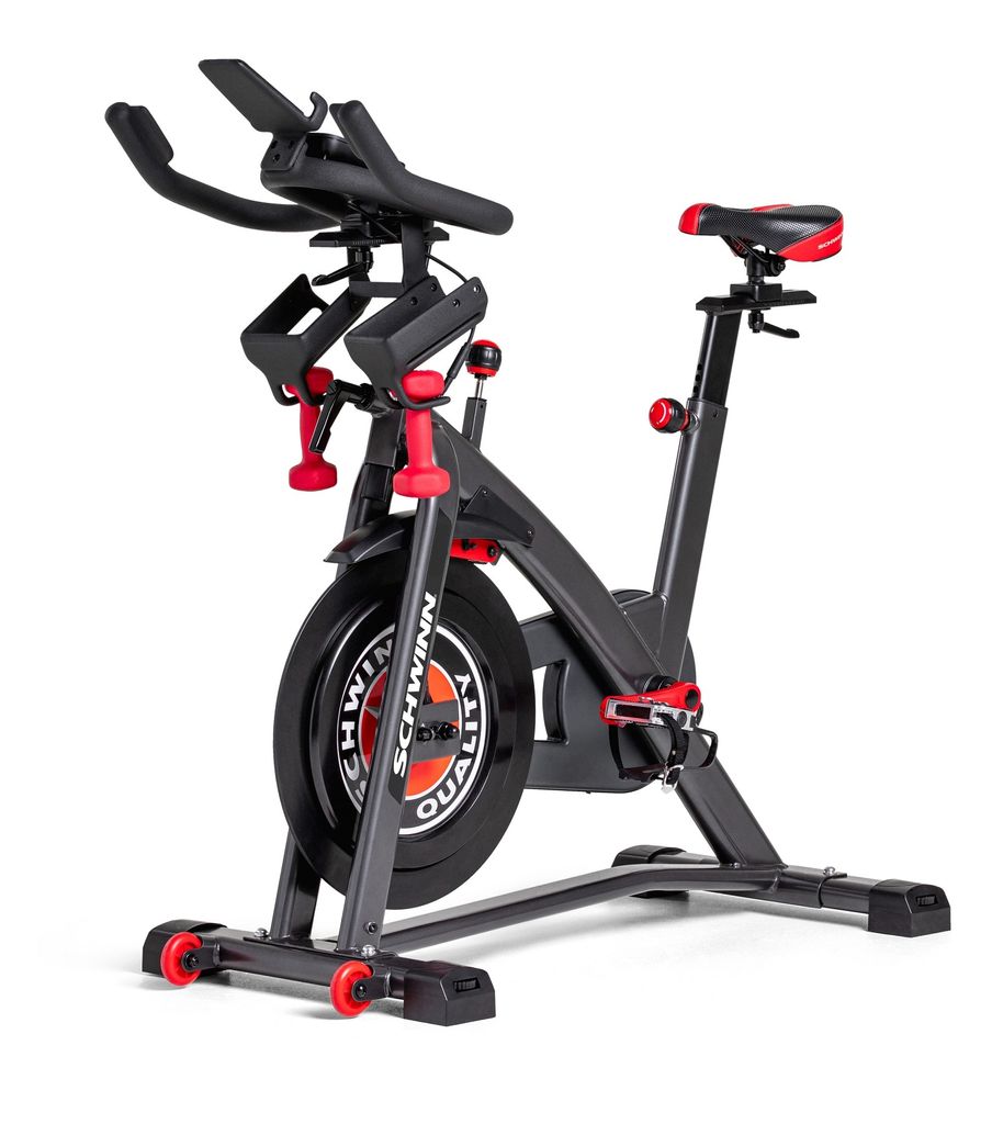 A black and red Schwinn indoor cycling bike is shown against a white background.