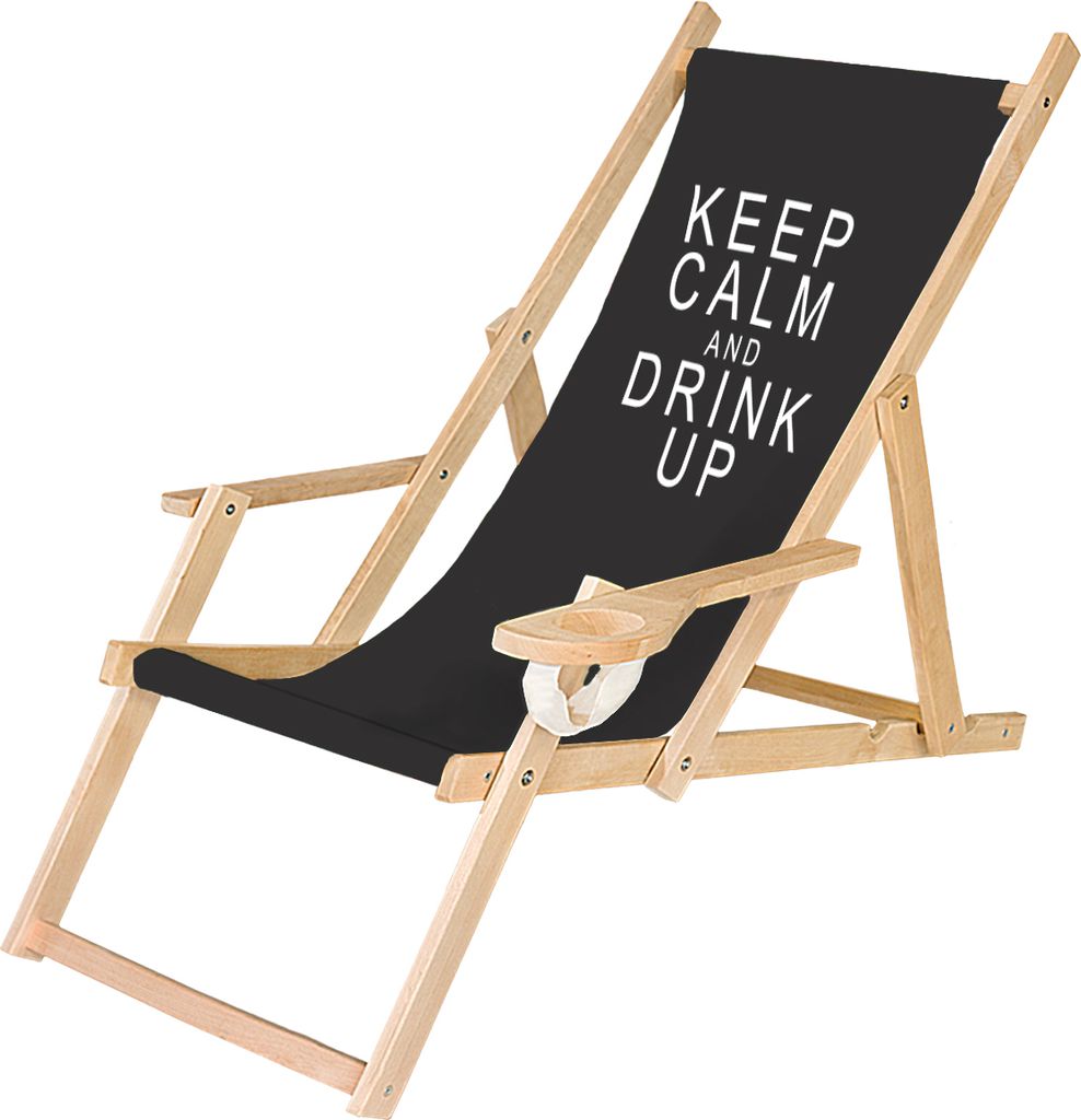 Holz Liegestuhl Klappbar Klappliegestuhl mit Armlehne und Getränkehalter Strandstuhl Motiv Schwarz Keep Calm [119]