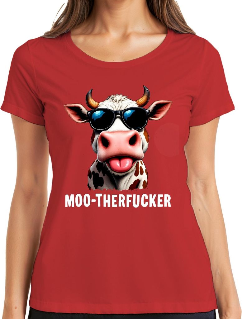 MOO-THERFUCKER Lustige Kuh Bauernhof Sonnenbrille Frech Humor Damen T-Shirt, Rot, 3XL
