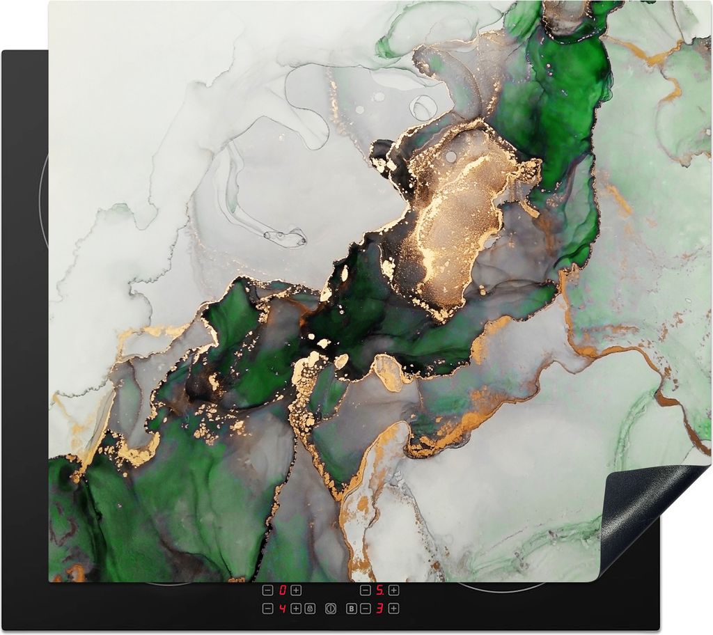 KitchenYeah Herdabdeckplatte Marmor - Gold - Grün - Luxus , 59x52cm, Küche Deko, Glaskeramikfeld Herdabdeckung, Abdeckplatte fùr Kochfeld