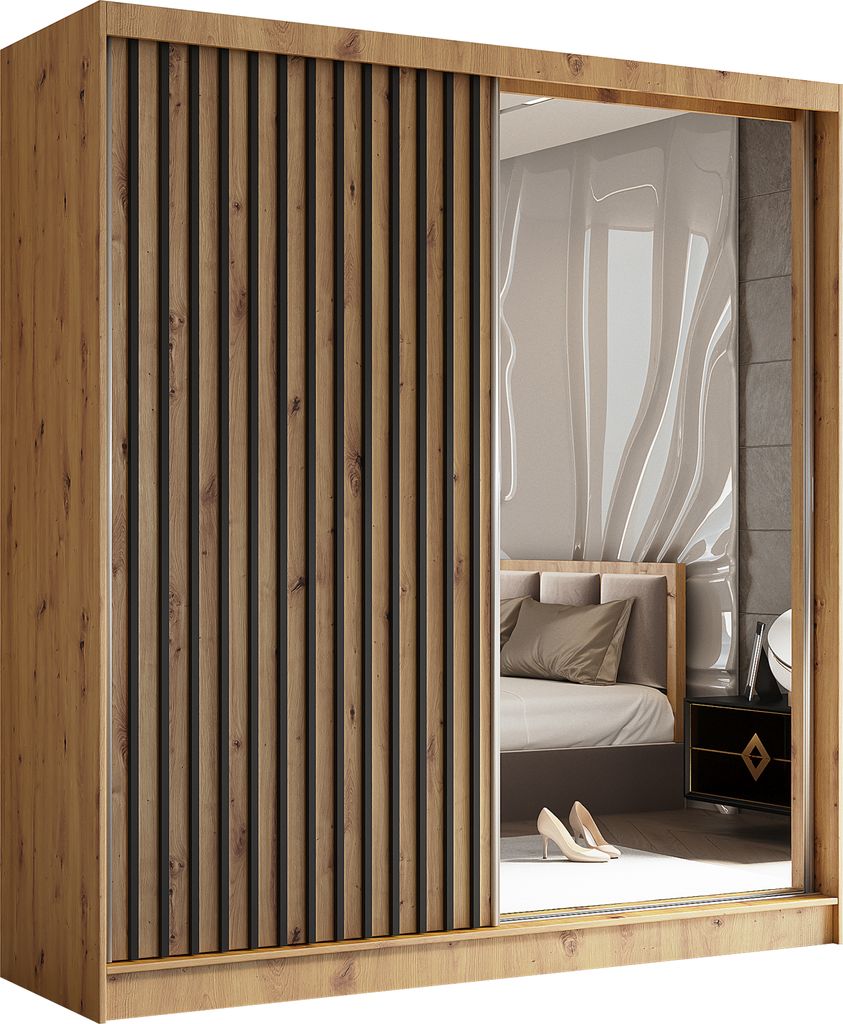 200 cm Kleiderschrank Erika mit Lamellen und Spiegel inklusive 2 Schiebetüren Schwebetürenschrank (Farbe: Artisan, Artisan, Lamelle schwarz)