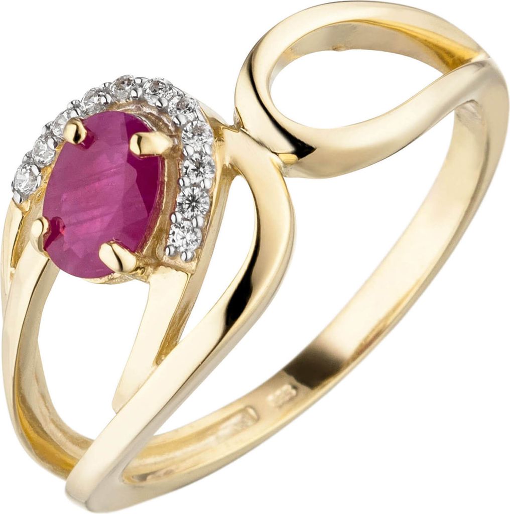 Ring aus 333 Gold Gelbgold mit Rubin rot & 11 Zirkonia Fingerring Damen Innenumfang 54mm Ø17.2mm
