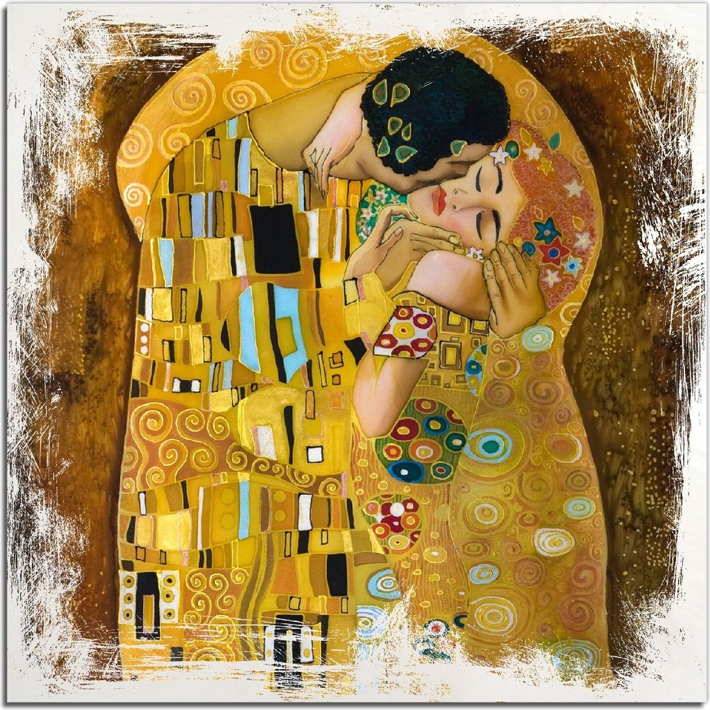 Kunstdrucke Wandbilder Holz in : Brillante Farben, Größe 50 x 50 cm Motiv Der Kuss von Klimt