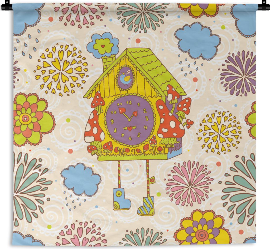 MuchoWow Wandteppich Wandbehang Kuckucksuhr - Muster - Pilz - Blumen 60x60 cm Tapisserie Dekoration Wandtuch - Dekorationen - Wand Decke