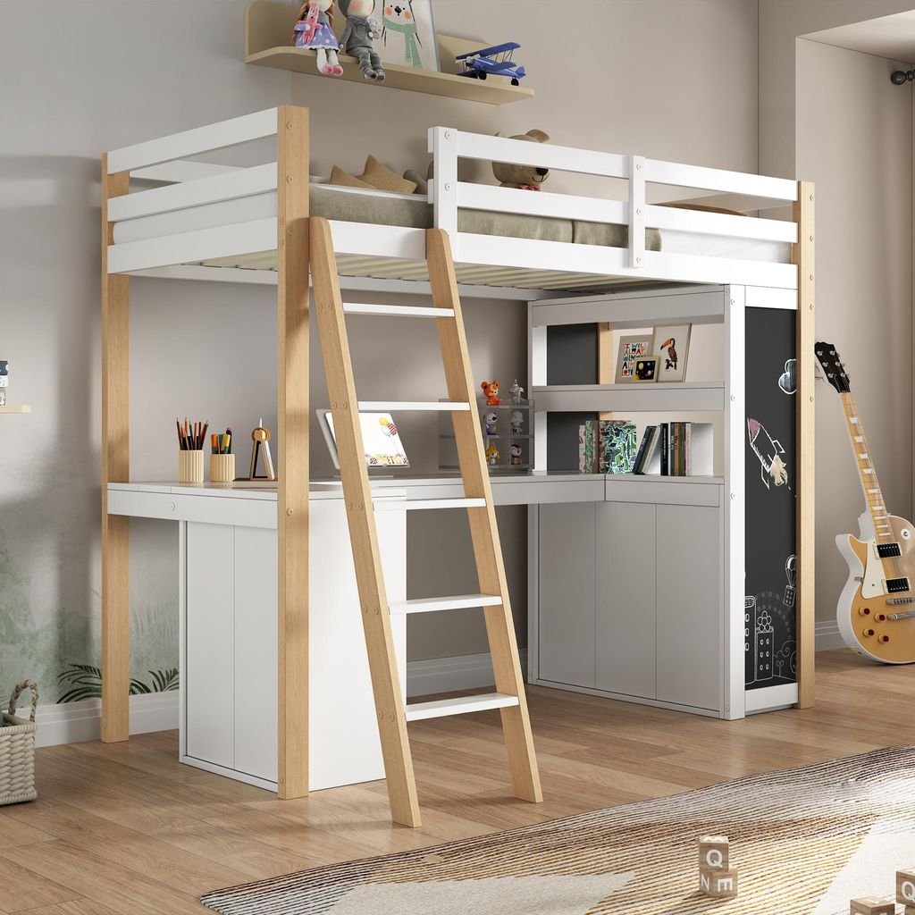 okwish Kinderhochbett 90*200 Kinderbetten Multifunktionales Kinderbett Mit Leiter, Schreibtisch, Ablagefach, großer Schublade, Tafel, Bücherregal...
