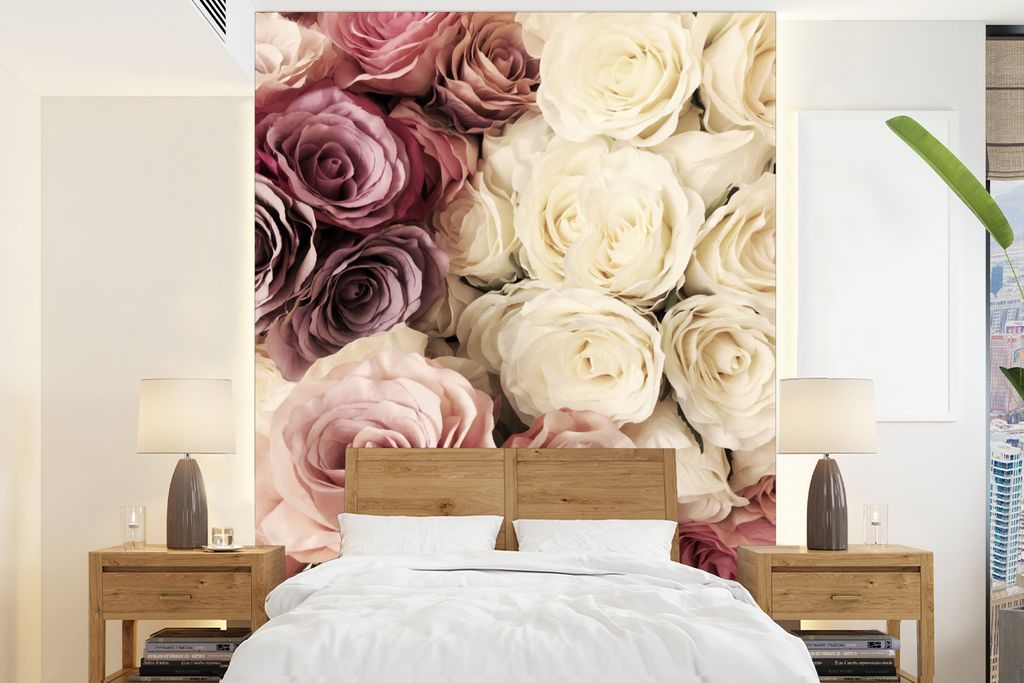 MuchoWow Fototapete für Wohnzimmer oder Schlafzimmer Wandtapete Vinyl Motivtapete Rosen - Weiß - Vintage - 165x220 cm - Wanddekorationen