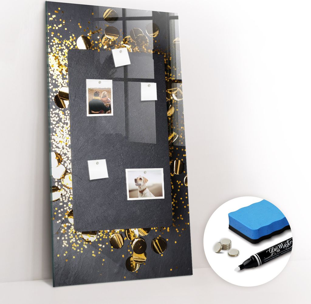 Magnetpinnwand Memoboard - Zubehörsatz - Weißer Marker + Schwamm + Magnete - 60 x 120 cm - Goldenes Konfetti