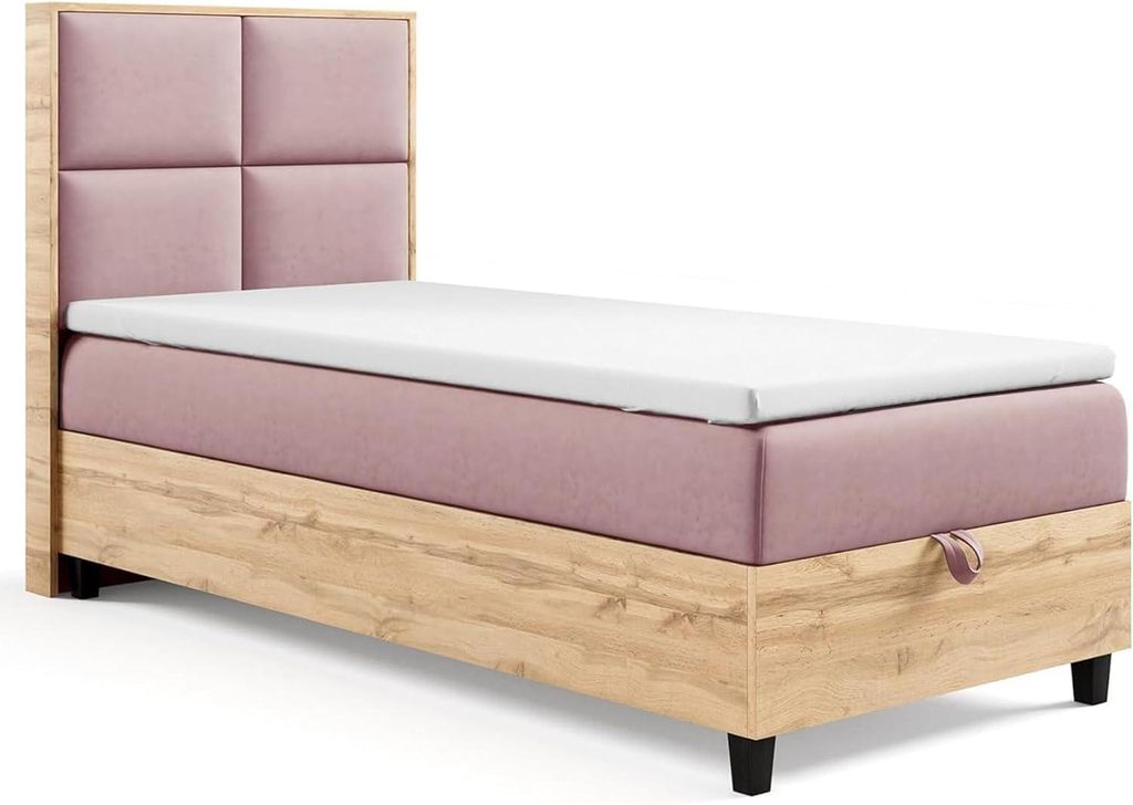 Trinity K-2 Einzelbett 90x200 Rosa | Boxspringbett mit Bettkasten | Bonellfederkern & Topper | Polsterbett mit Kopfteil | Lieferung Bordsteinkante