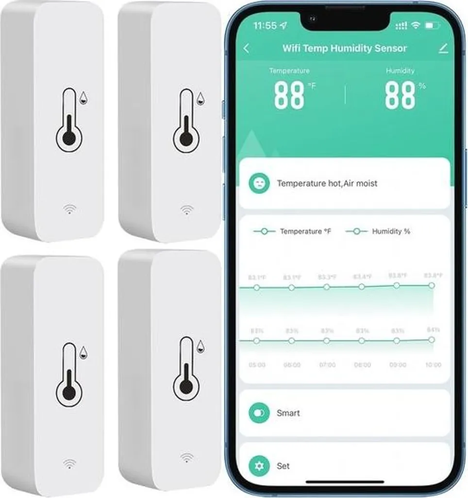 Pack de 4 Moniteur de Température et Humidité WLAN avec Alarme App