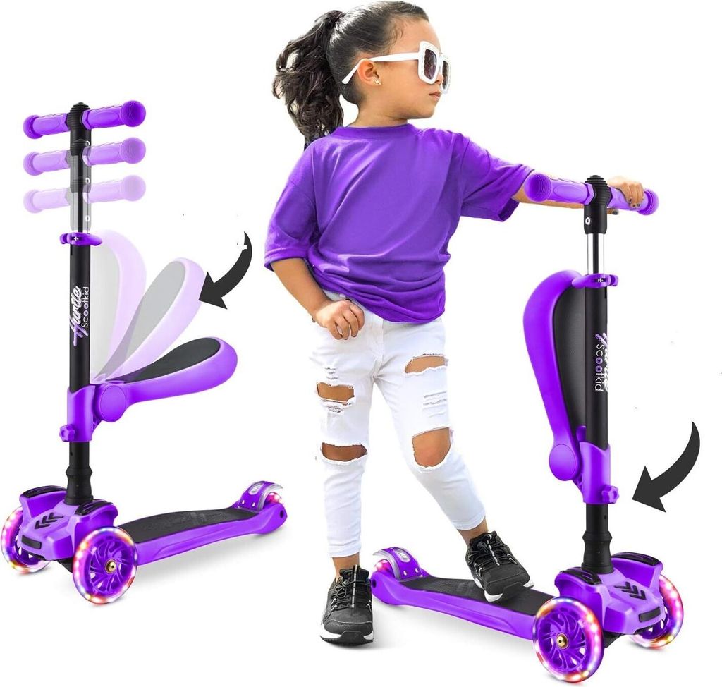 Hurtle Kinderscooter mit Klapp-& Abnehmbarem Sitz–Roller für Kinder mit Großen Rädern & LED-Lichtern– Stabiler 3-Rad Roller Indoor & Outdoor...