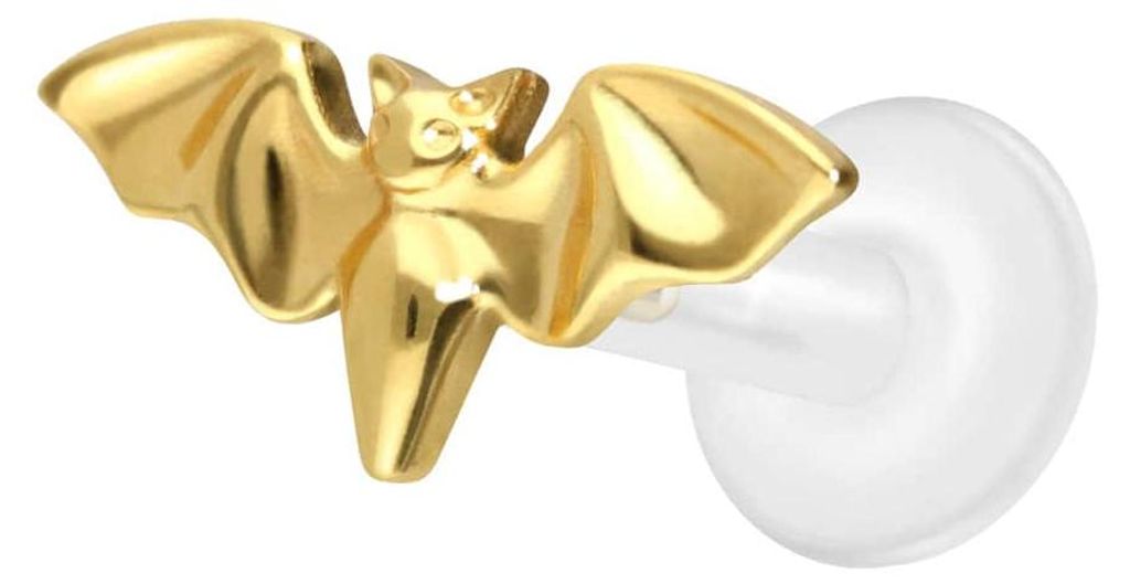 Ohrpiercing, Nasenpiercing PTFE Labret mit Innengewinde + Titan-Aufsatz FLEDERMAUS Gold Stablänge: 7mm | Stabstärke: 1,6mm