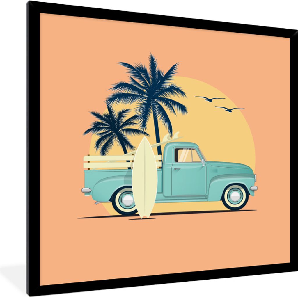 MuchoWow MuchoWow Gerahmtes Poster Auto - Surfbrett - Palme - Pastell 40x40 cm - Poster mit zchwarzem Bilderrahmen - Mit Rahmen - Wanddekoratio...